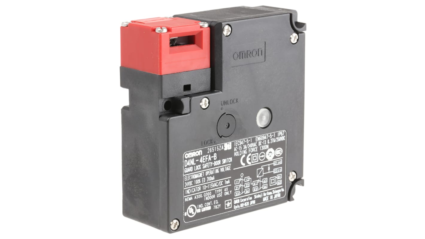 Interruptor de bloqueo por solenoide Omron D4NL D4NL, 24V dc, 2NC/1NO + 1NC/1NO, cont. aux. 1NA/1NC, Alimentar para