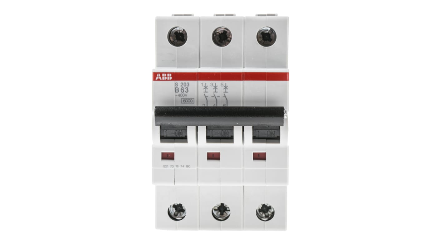 Interruptor automático 3P, 63A, Curva Tipo B, Poder de corte 6 kA S203-B63, System Pro M Compact, Montaje en Carril DIN