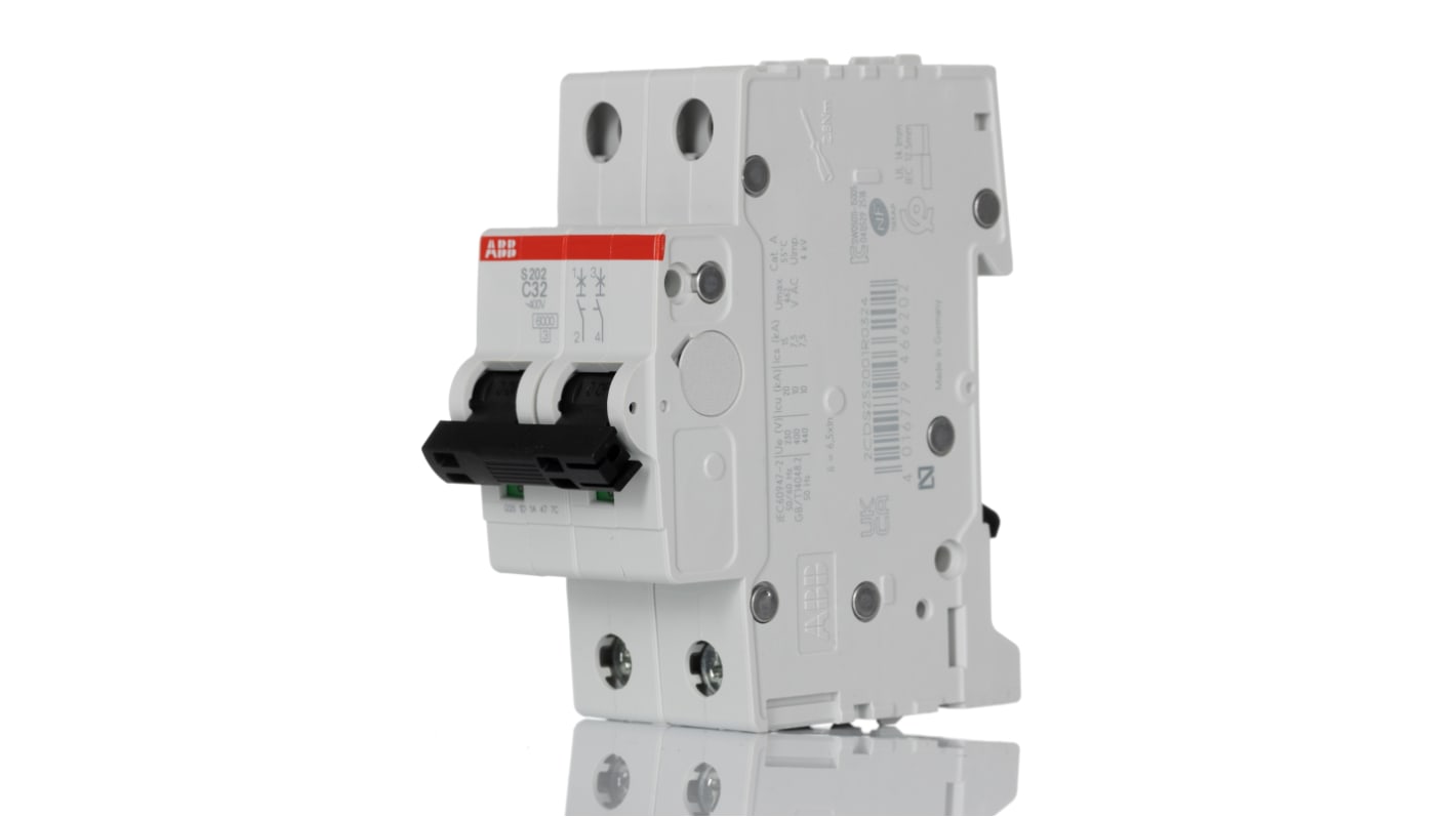 ABB System Pro M Compact S200 MCB, 2P, 32A Curve C, 400V AC, 125V DC, 6 kA Breaking Capacity