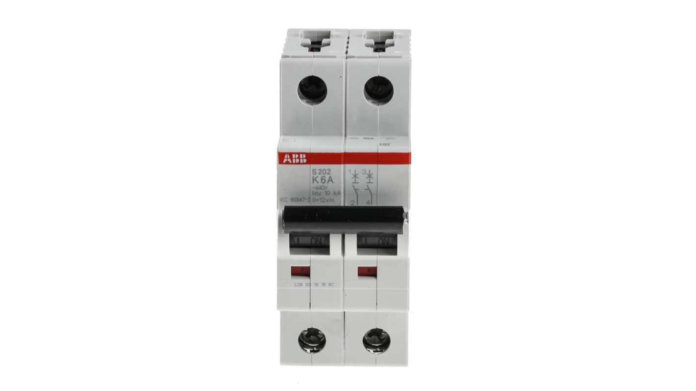 ABB System Pro M Compact S200 MCB, 2P Poles, 6A Curve K, 400V AC, 6 kA Breaking Capacity, MCB