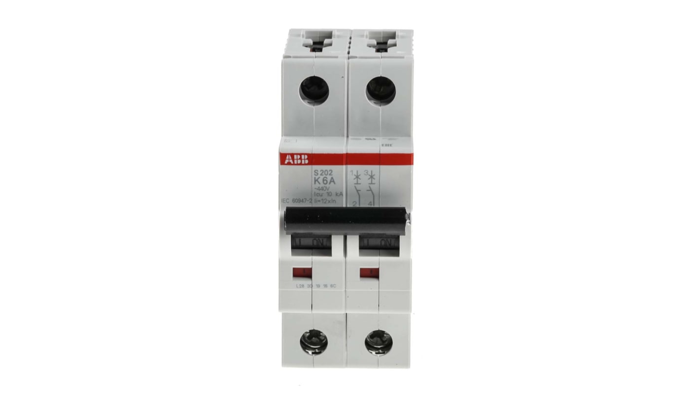 ABB System Pro M Compact S200 MCB, 2P, 6A Curve K, 400V AC, 125V DC, 6 kA Breaking Capacity