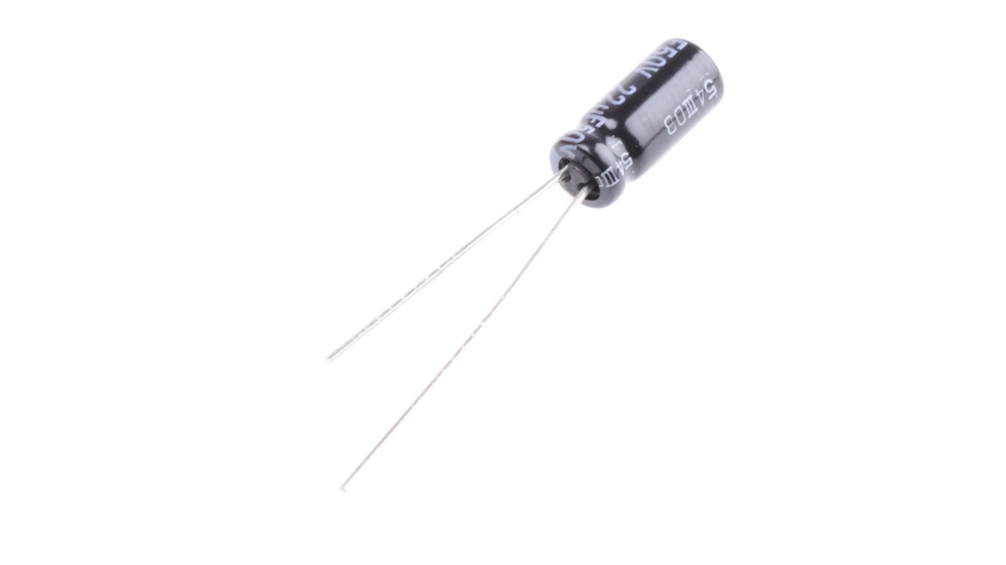 Condensador electrolítico Panasonic serie FR Radial, 22μF, ±20%, 50V dc, Radial, Orificio pasante, 5 (Dia.) x 11.5mm,