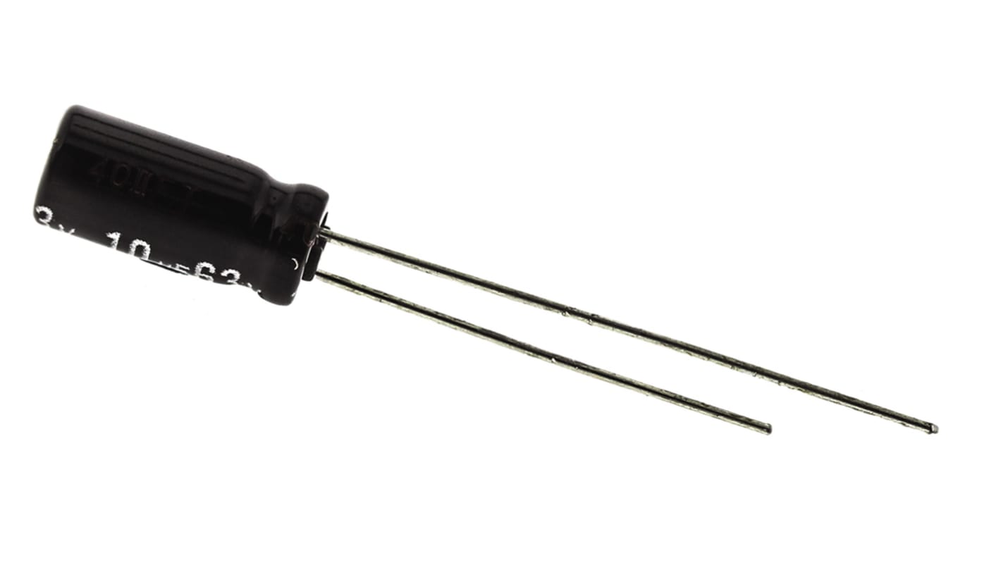 Condensador electrolítico Panasonic serie EB(A), 10μF, ±20%, 63V dc, Radial, Orificio pasante, 5 (Dia.) x 11mm, paso 2mm