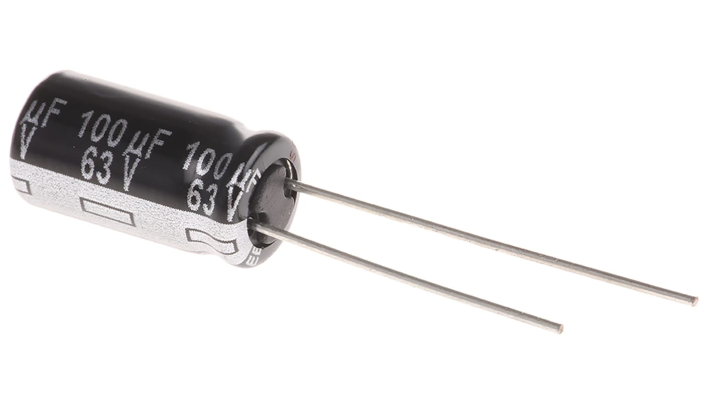 Condensador electrolítico Panasonic serie EB(A), 100μF, ±20%, 63V dc, Radial, Orificio pasante, 8 (Dia.) x 15mm, paso