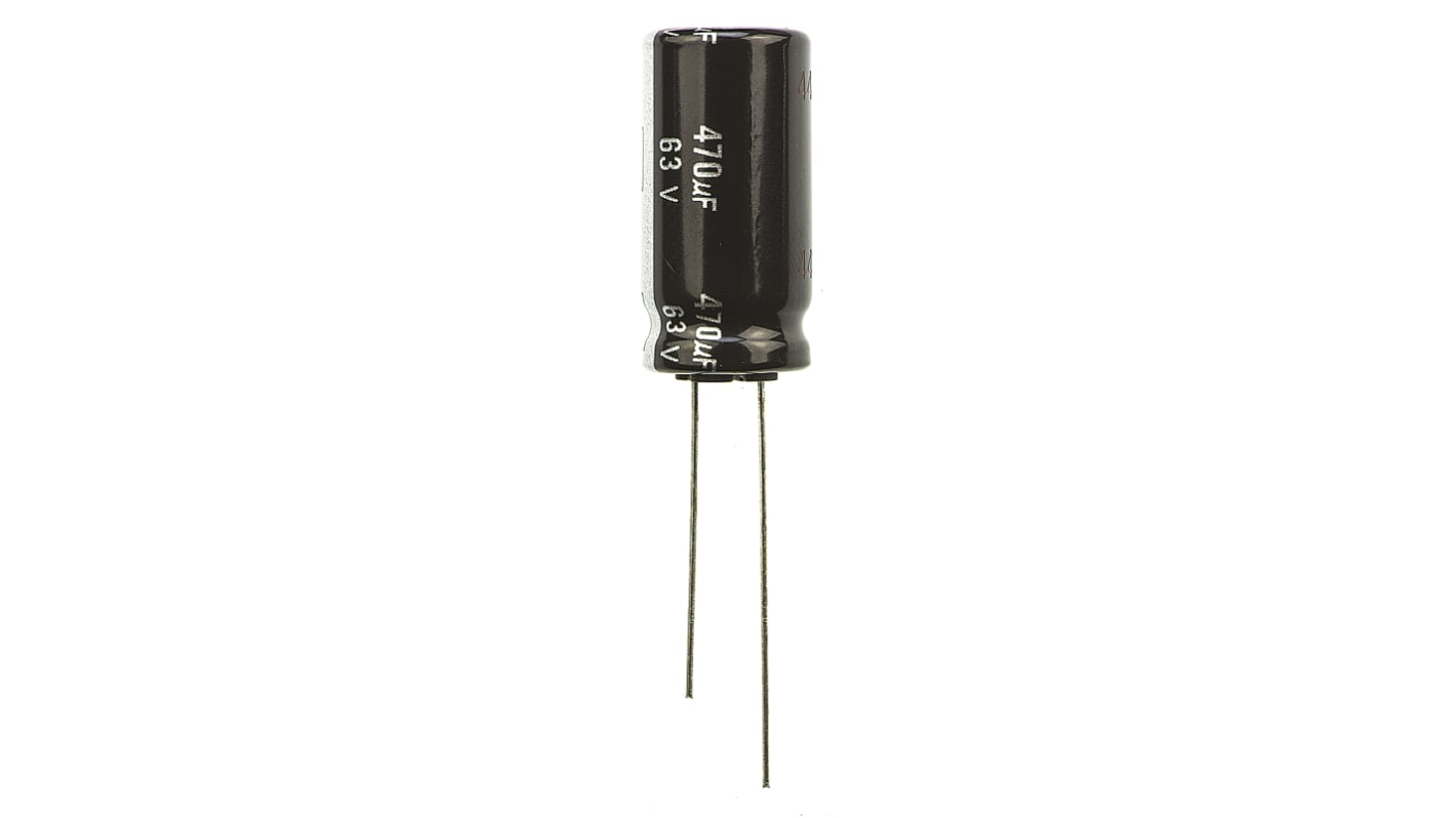 Condensador electrolítico Panasonic serie EB(A), 470μF, ±20%, 63V dc, Radial, Orificio pasante, 12.5 (Dia.) x 25mm,
