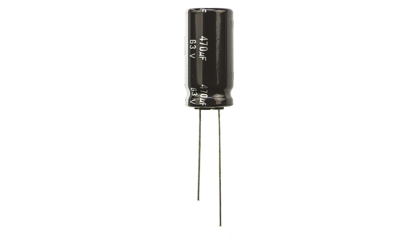 Panasonic EB-A, THT Aluminium-Elektrolyt Kondensator 470μF ±20% / 63V dc, Ø 12.5mm x 25mm, bis 105°C