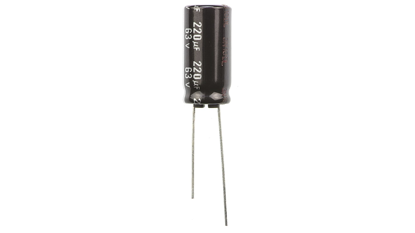 Condensador electrolítico Panasonic serie EB(A), 220μF, ±20%, 63V dc, Radial, Orificio pasante, 10 (Dia.) x 20mm, paso