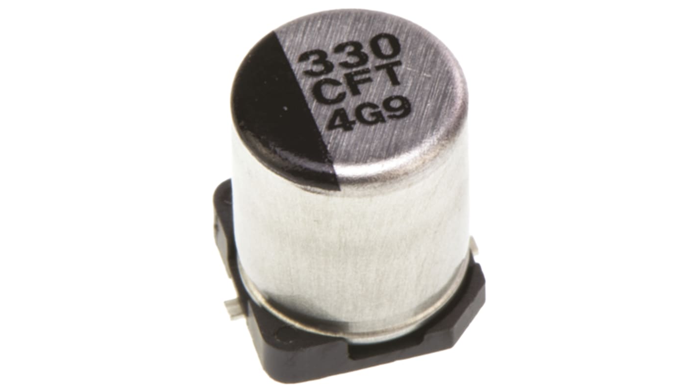 Condensador electrolítico Panasonic serie FT SMD, 330μF, ±20%, 16V dc, mont. SMD, 6.3 (Dia.) x 7.7mm, paso 1.8mm