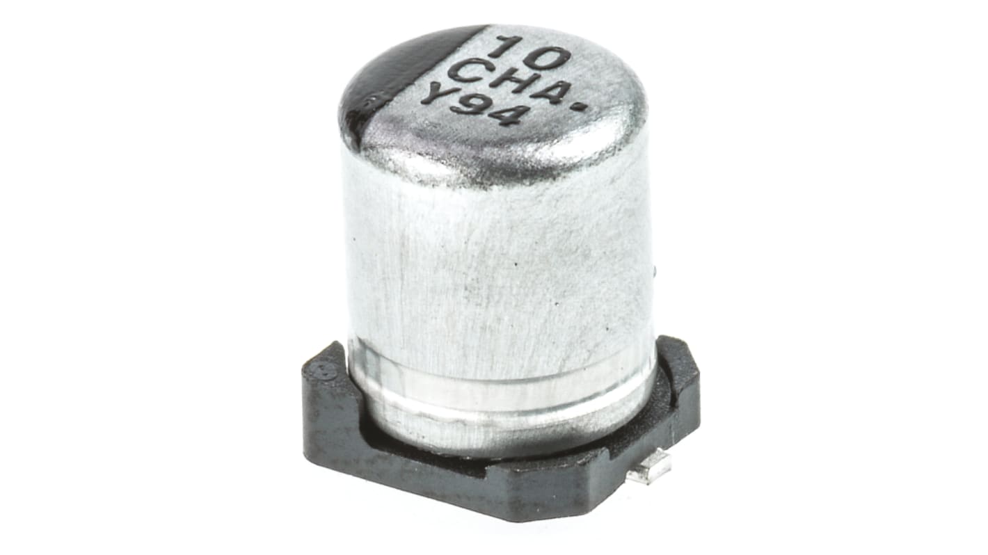 Condensador electrolítico Panasonic serie HA SMD, 10μF, ±20%, 16V dc, mont. SMD, 4 (Dia.) x 5.4mm, paso 1mm