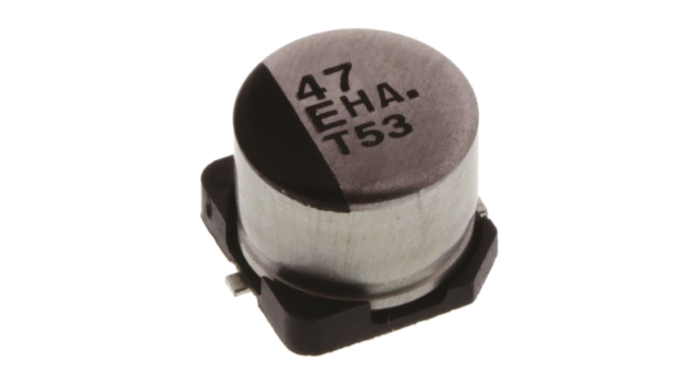 Condensador electrolítico Panasonic serie HA SMD, 47μF, ±20%, 25V dc, mont. SMD, 6.3 (Dia.) x 5.4mm, paso 1.8mm