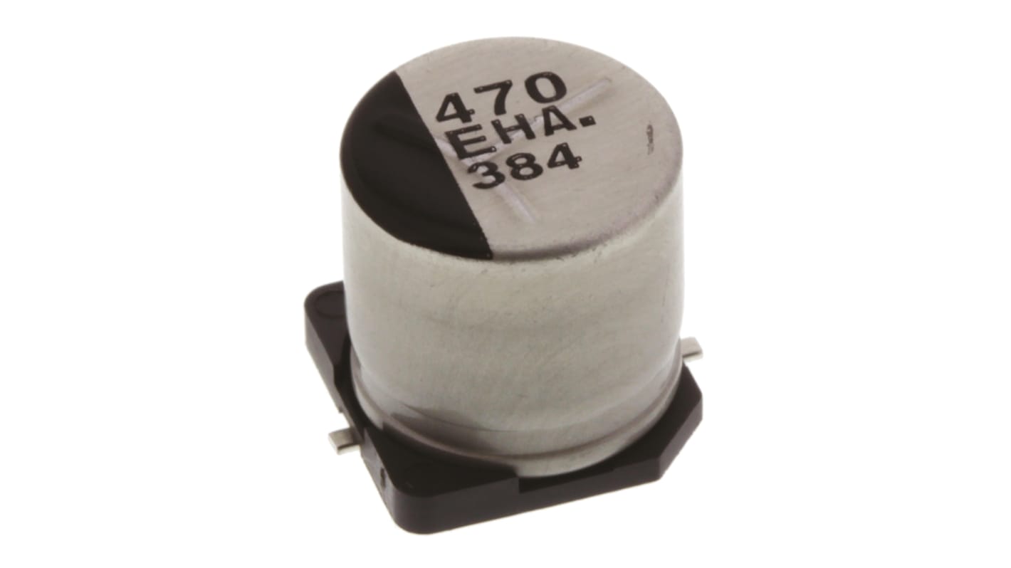 Condensador electrolítico Panasonic serie HA SMD, 470μF, ±20%, 25V dc, mont. SMD, 10 (Dia.) x 10.2mm, paso 4.6mm