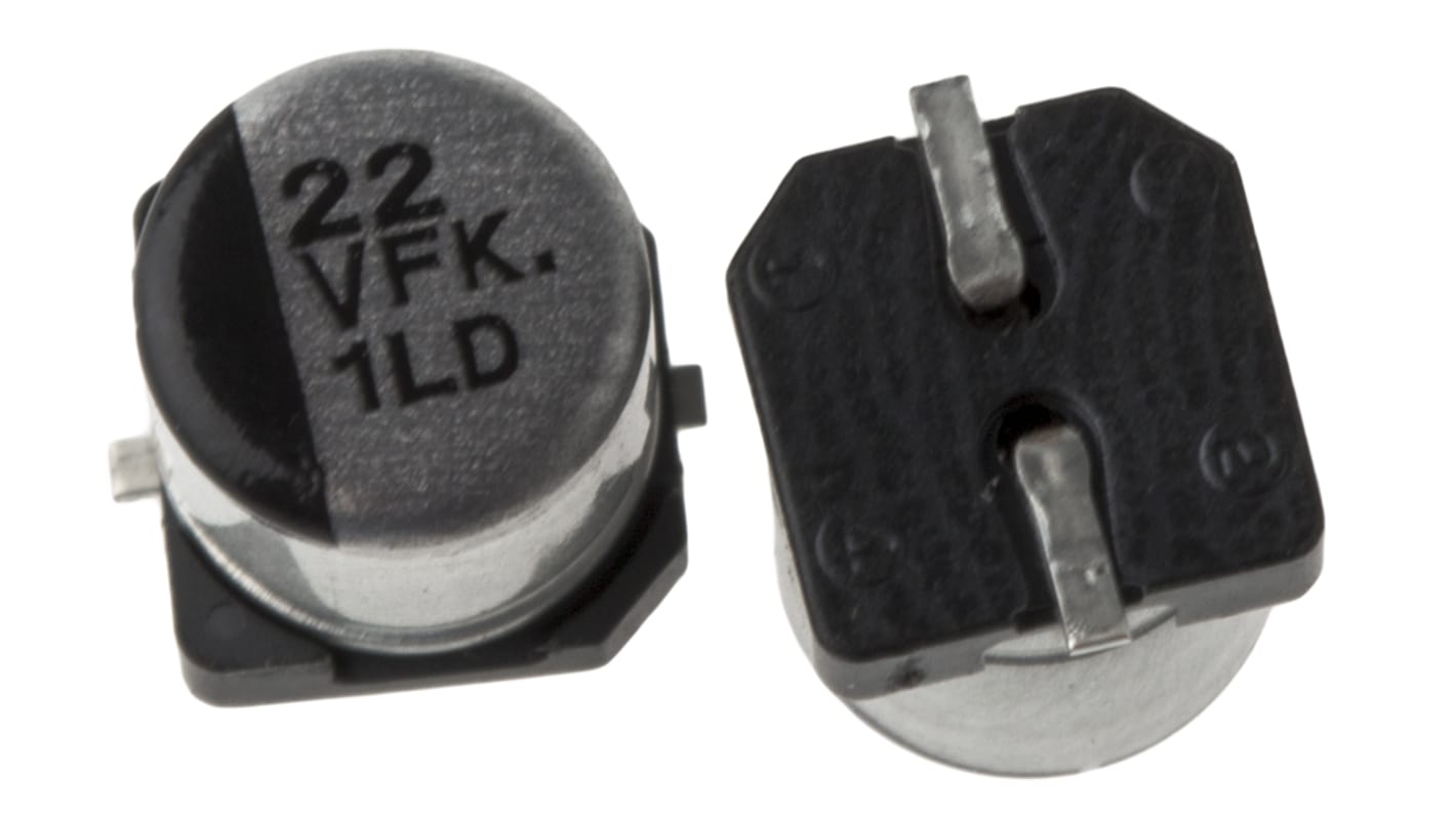 Condensador electrolítico Panasonic serie FK SMD, 22μF, ±20%, 35V dc, mont. SMD, 5 (Dia.) x 5.8mm, paso 1.5mm