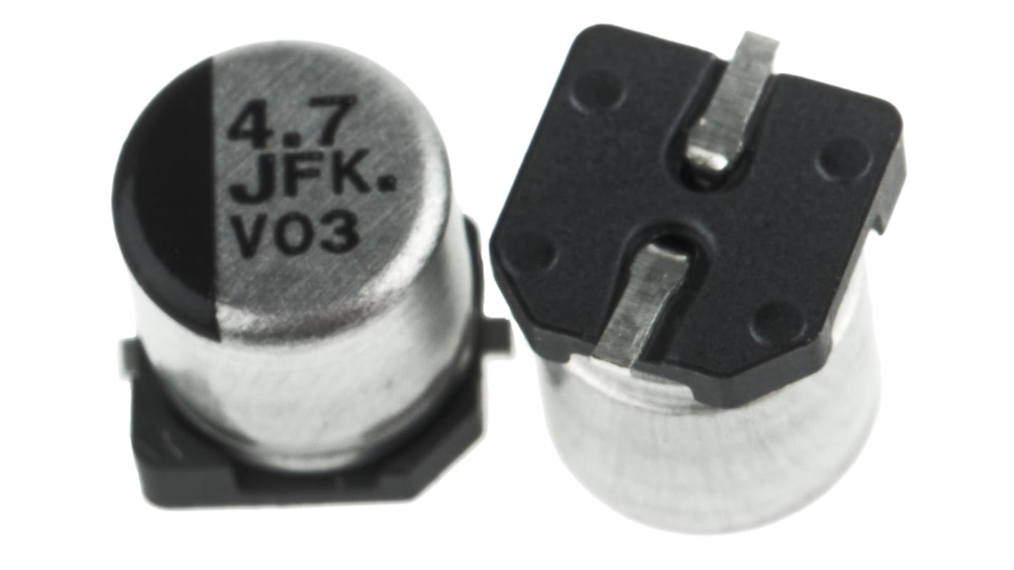 Condensador electrolítico Panasonic serie FK SMD, 4.7μF, ±20%, 63V dc, mont. SMD, 5 (Dia.) x 5.8mm, paso 1.5mm