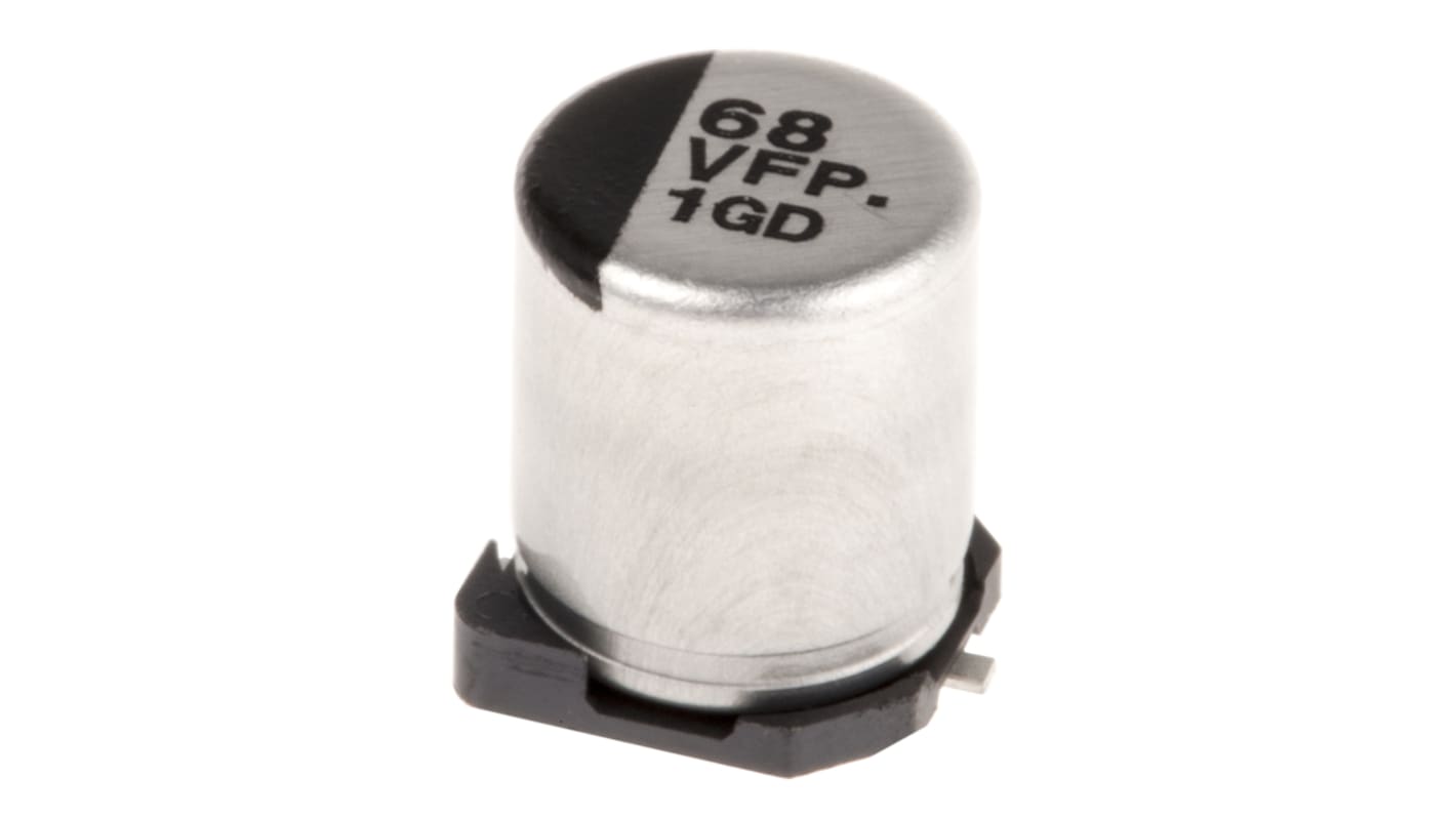 Condensador electrolítico Panasonic serie FP SMD, 68μF, ±20%, 35V dc, mont. SMD, 6.3 (Dia.) x 7.7mm