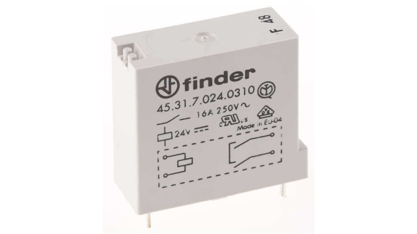 Relé de potencia sin enclavamiento Finder 45 Series de 1 polo, SPST, bobina 24V dc, 30A, Montaje en PCB