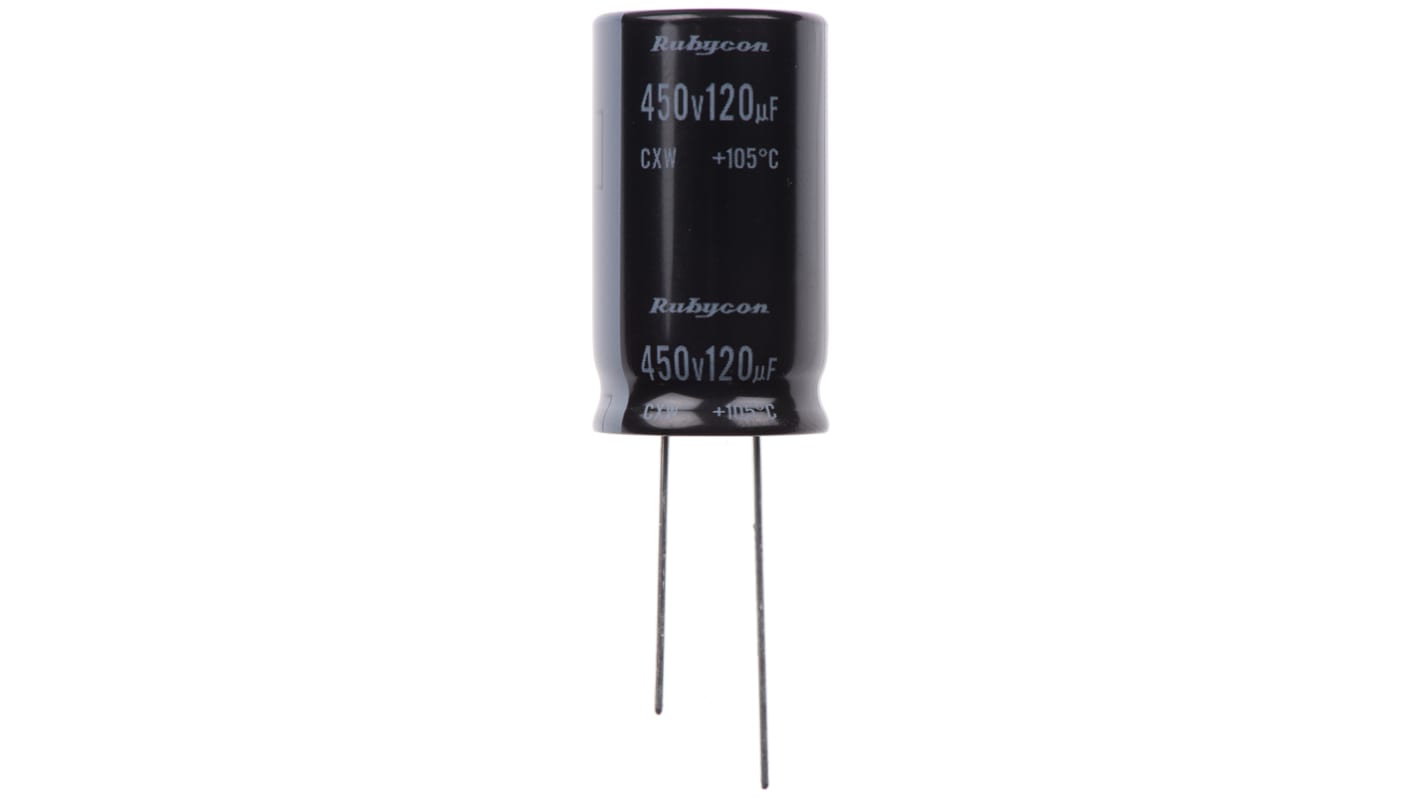 Condensador electrolítico Rubycon serie CXW, 120μF, ±20%, 450V dc, Radial, Orificio pasante, 18 (Dia.) x 31.5mm, paso