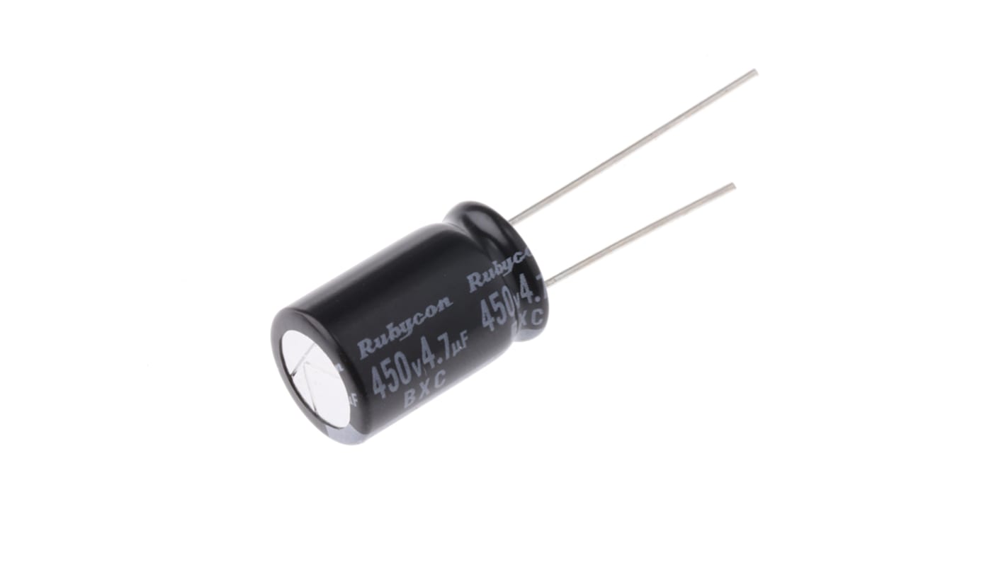 Condensador electrolítico Rubycon serie BXC, 4.7μF, ±20%, 450V dc, Radial, Orificio pasante, 10 (Dia.) x 16mm, paso 5mm