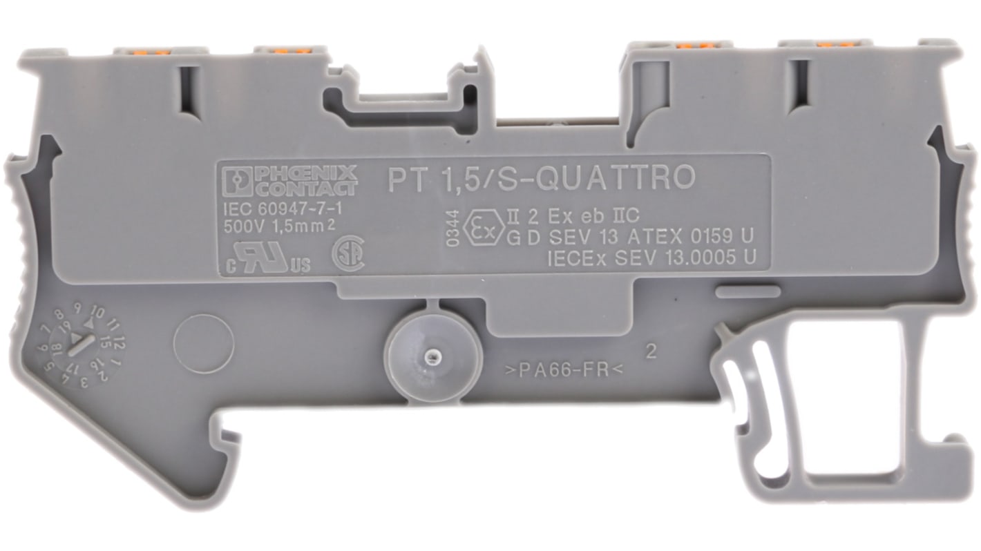 Phoenix Contact PT 1.5/S-QUATTRO Series Grey Feed Through Terminal Block, 0.14 → 1.5mm², Single-Level, Push In