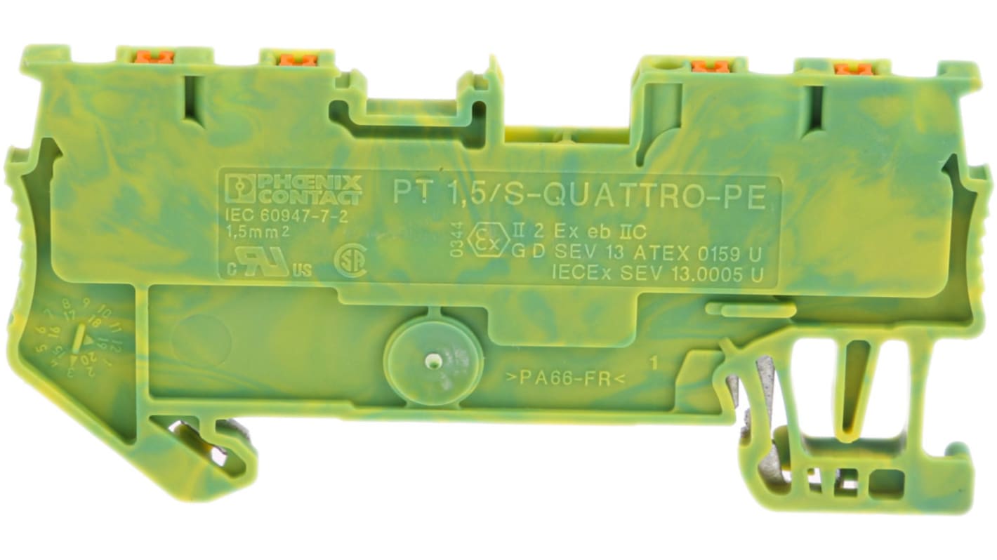 Phoenix Contact PT 1.5/S-QUATTRO-PE Series Green/Yellow Earth Terminal Block, 0.14 → 1.5mm², Single-Level, Push