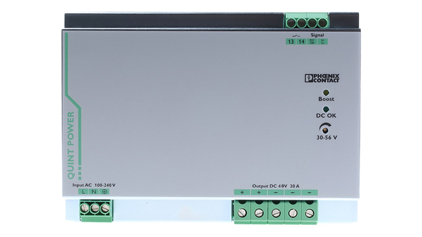 Phoenix Contact QUINT-PS/ 1AC/48DC/20 Switched Mode DIN Rail Power Supply, 85 → 264V ac ac Input, 48V dc dc