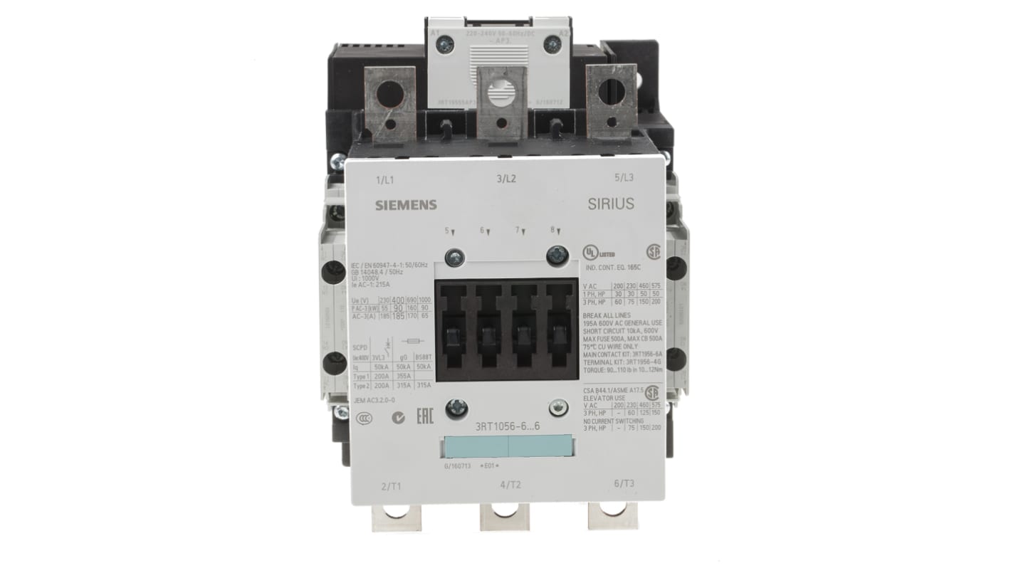 Siemens 3RT1 Series Contactor, 230 V ac Coil, 3-Pole, 185 A, 90 kW, 3NO, 400 V ac