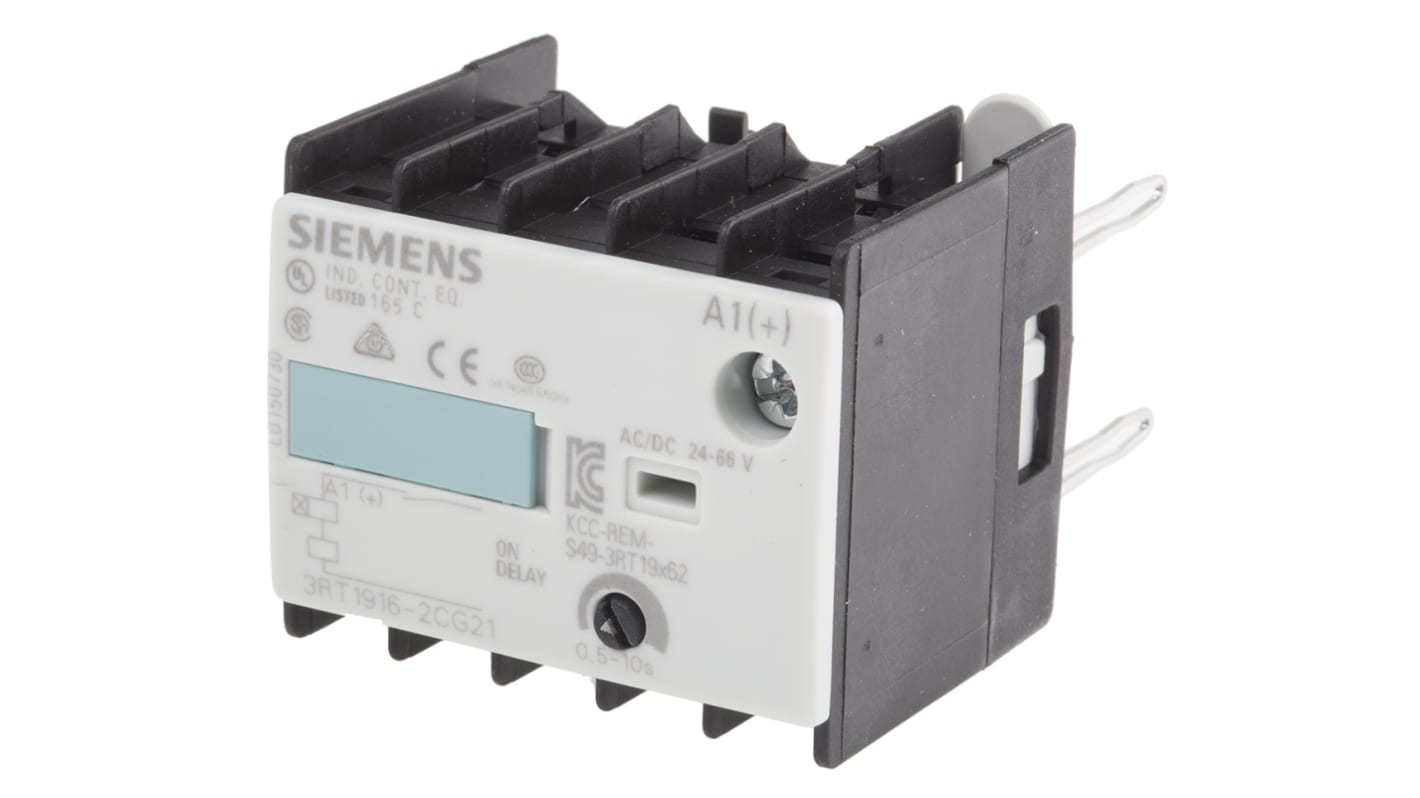 Temporizador del contactor Siemens Sirius Classic 3RT19, Retardo ON, 0.5 → 10s, 300 mA