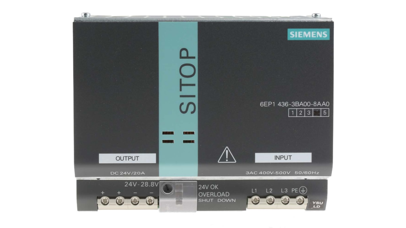 Siemens DIN-sín tápellátás, BE: 320 → 550V ac, 1 kimenet, 24V dc, 20A, 480W