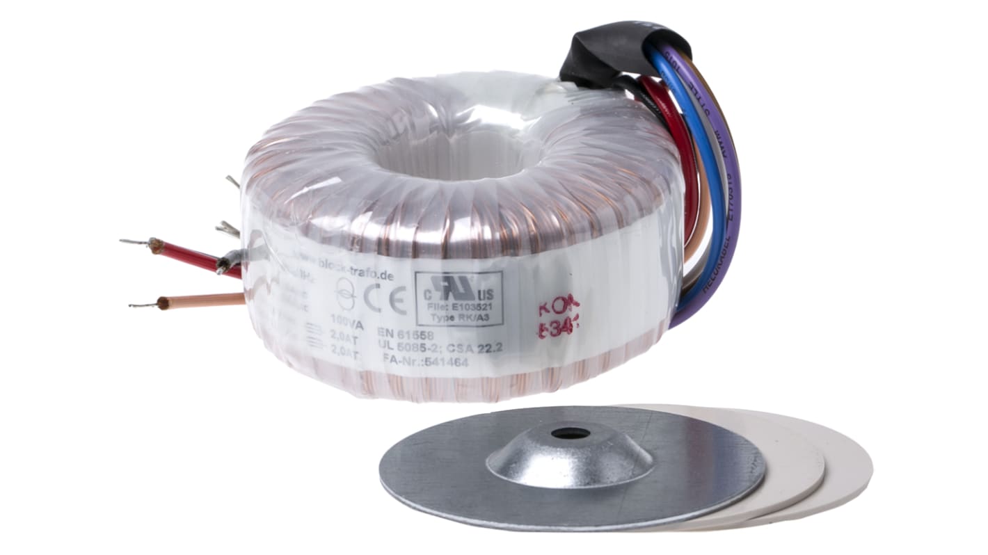 Block 115 V ac, 230 V ac, 2 x 24V ac Toroidal Transformer, 100VA 2 Output