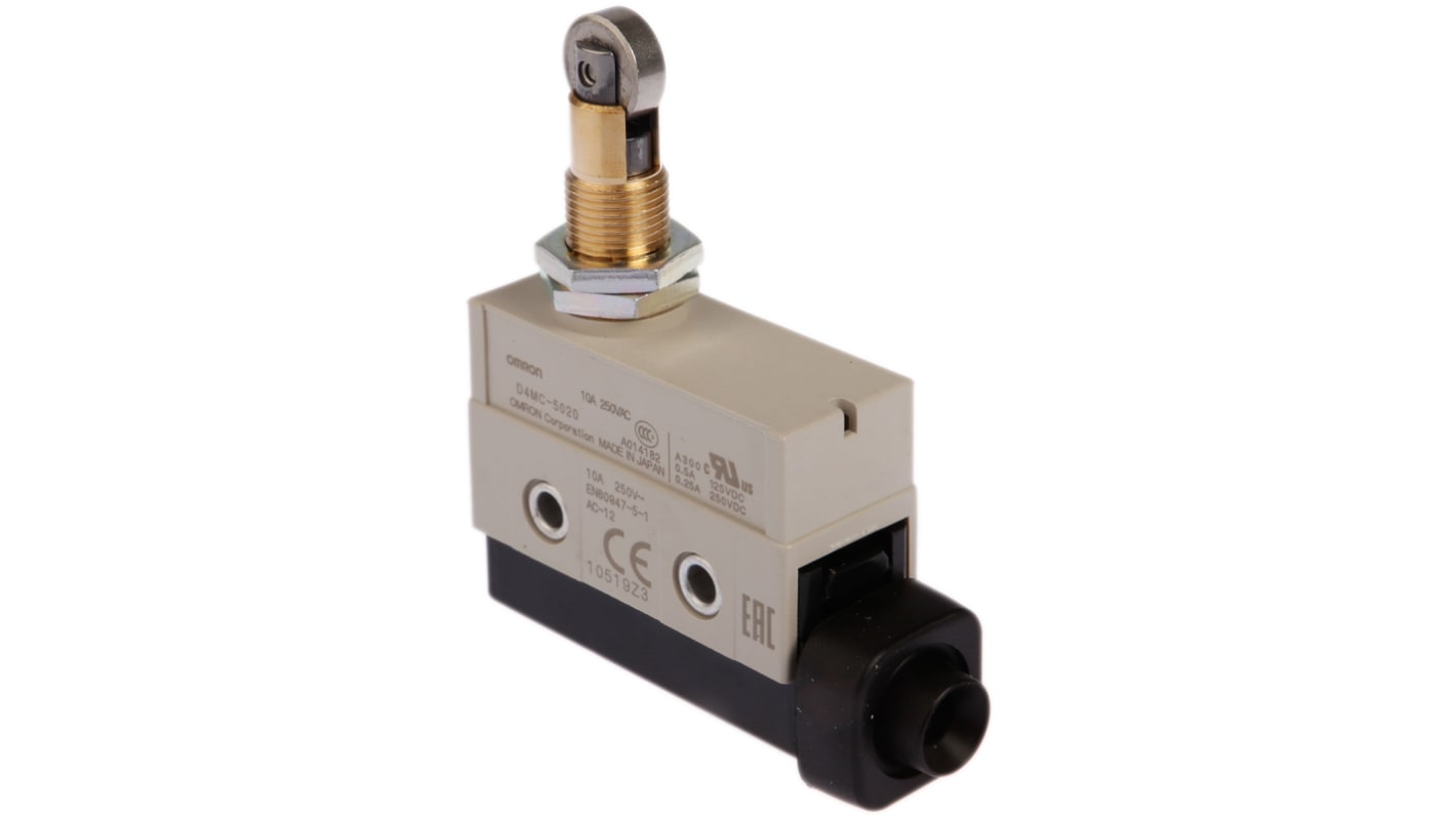 Omron D4MC Series Roller Plunger Limit Switch, NO/NC, IP67, SPDT, 480V ac Max, ac 3 A, dc 250mA Max