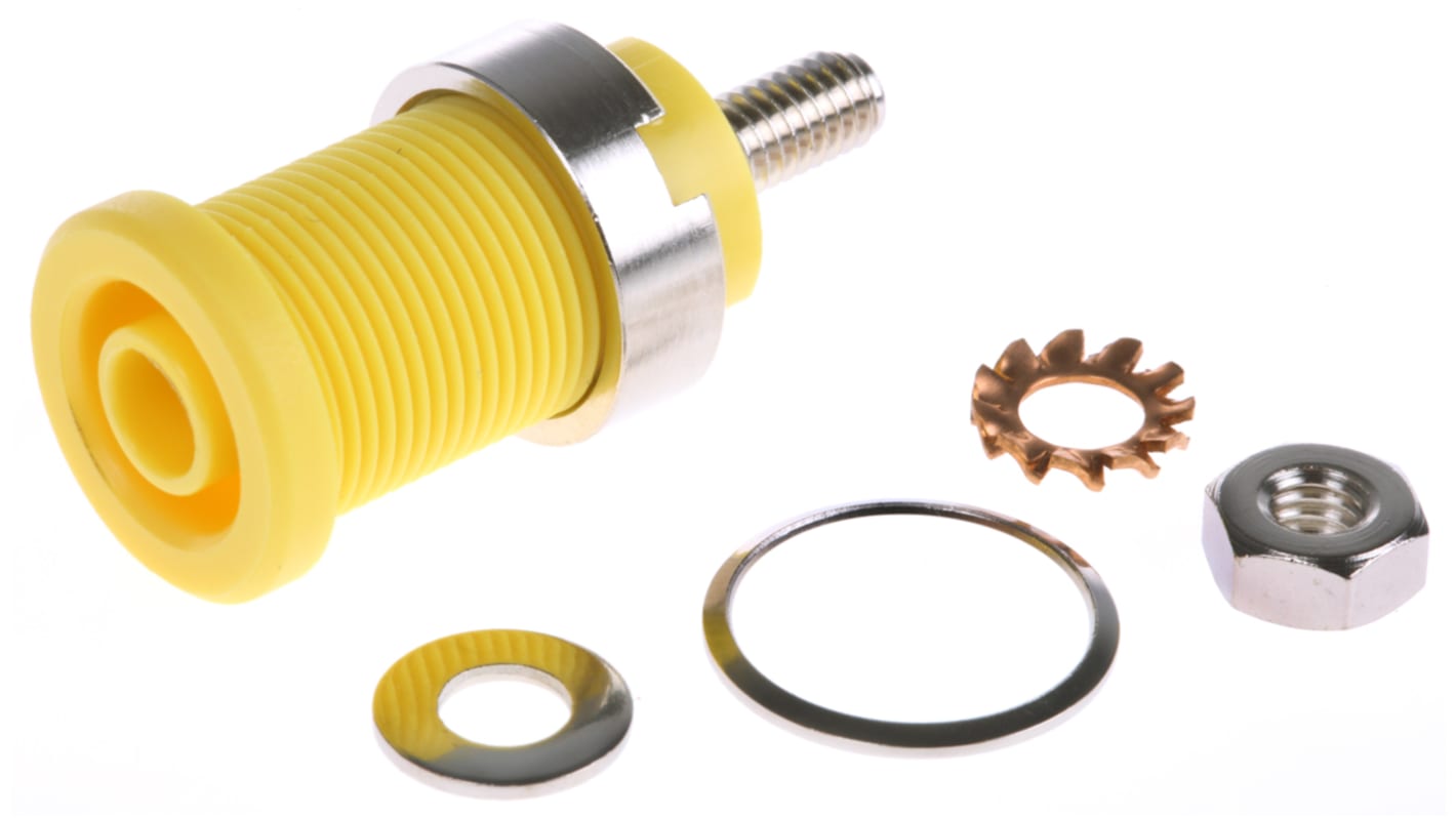 Schutzinger Yellow Female Banana Socket, 4 mm Connector, Screw Termination, 32A, 1000V, Nickel Plating