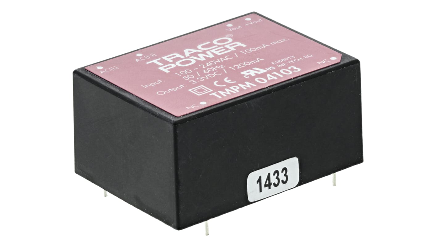 TRACOPOWER Switching Power Supply, TMPM 04103, 3.3V dc, 1.2A, 4W, 1 Output, 120 → 370 V dc, 85 → 264 V ac