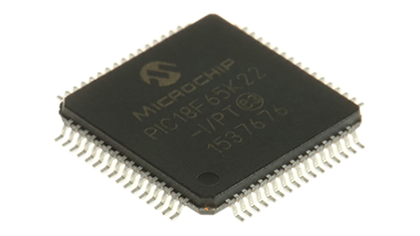 Microcontrolador Microchip PIC18F65K22-I/PT, núcleo PIC de 8bit, RAM 2 kB, 64MHZ, TQFP de 64 pines