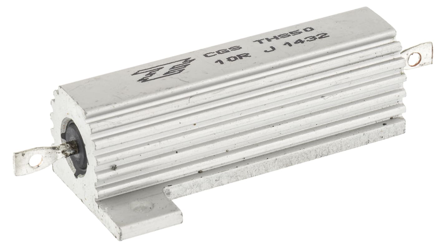 Resistencia de montaje en panel TE Connectivity, 10Ω ±5% 50W, Con carcasa de aluminio, Orejeta de Soldadura, Bobinado