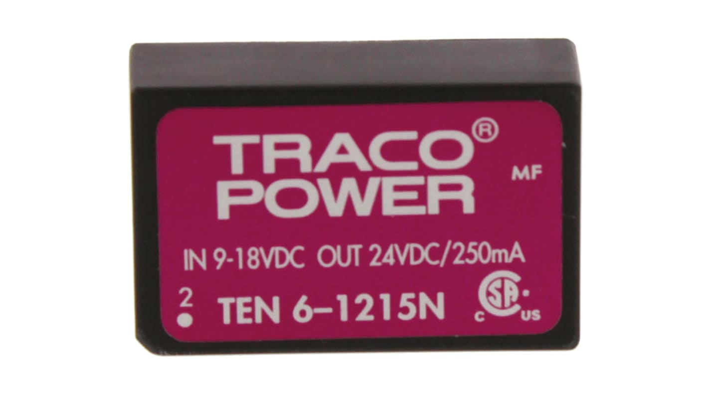 TRACOPOWER TEN 6N DC-DC Converter, 24V dc/ 250mA Output, 9 → 18 V dc Input, 6W, Through Hole, +85°C Max Temp