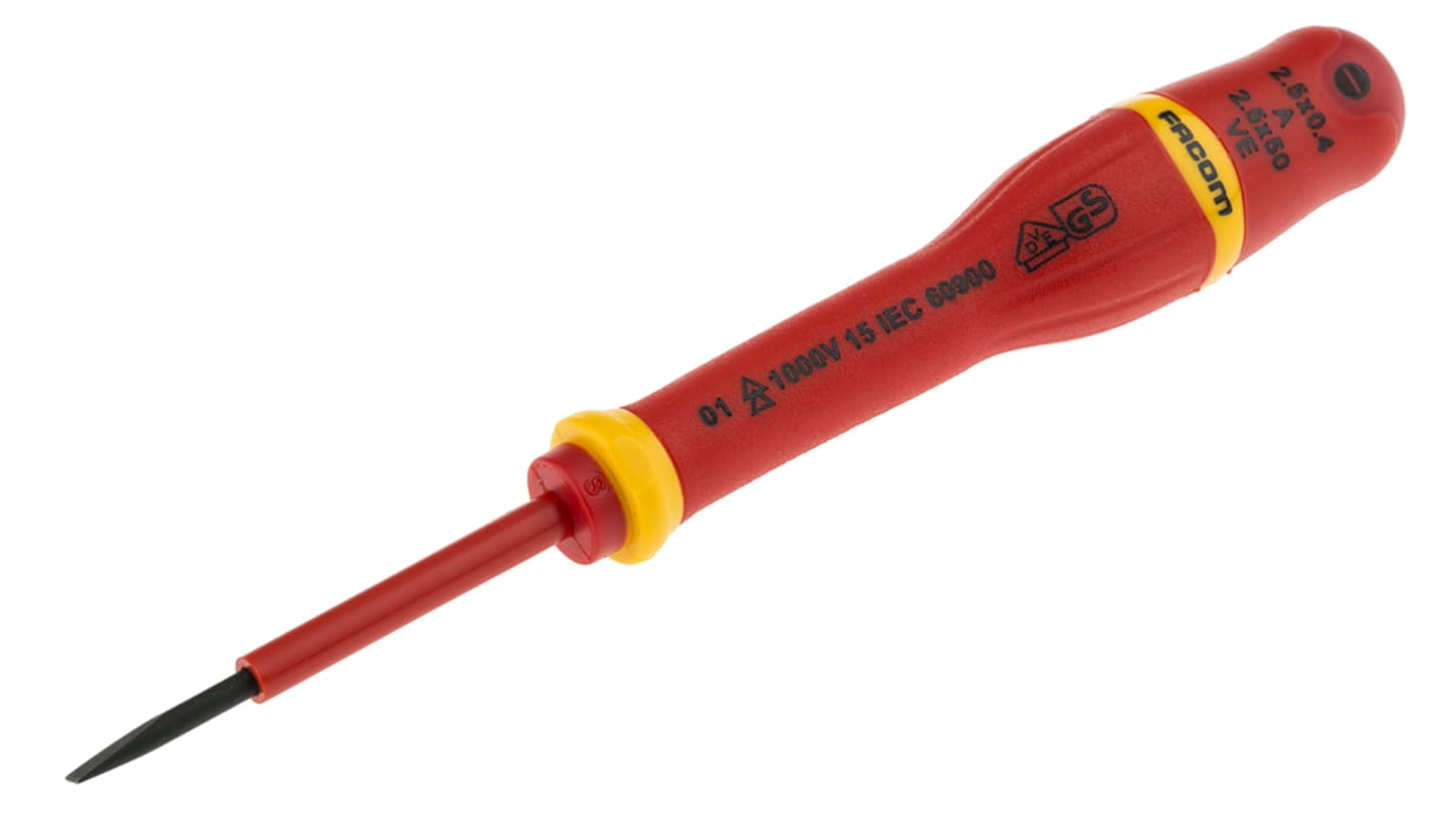 Facom Slotted Insulated Screwdriver, 2.5 x 0.4 mm Tip, 50 mm Blade, VDE/1000V, 153 mm Overall