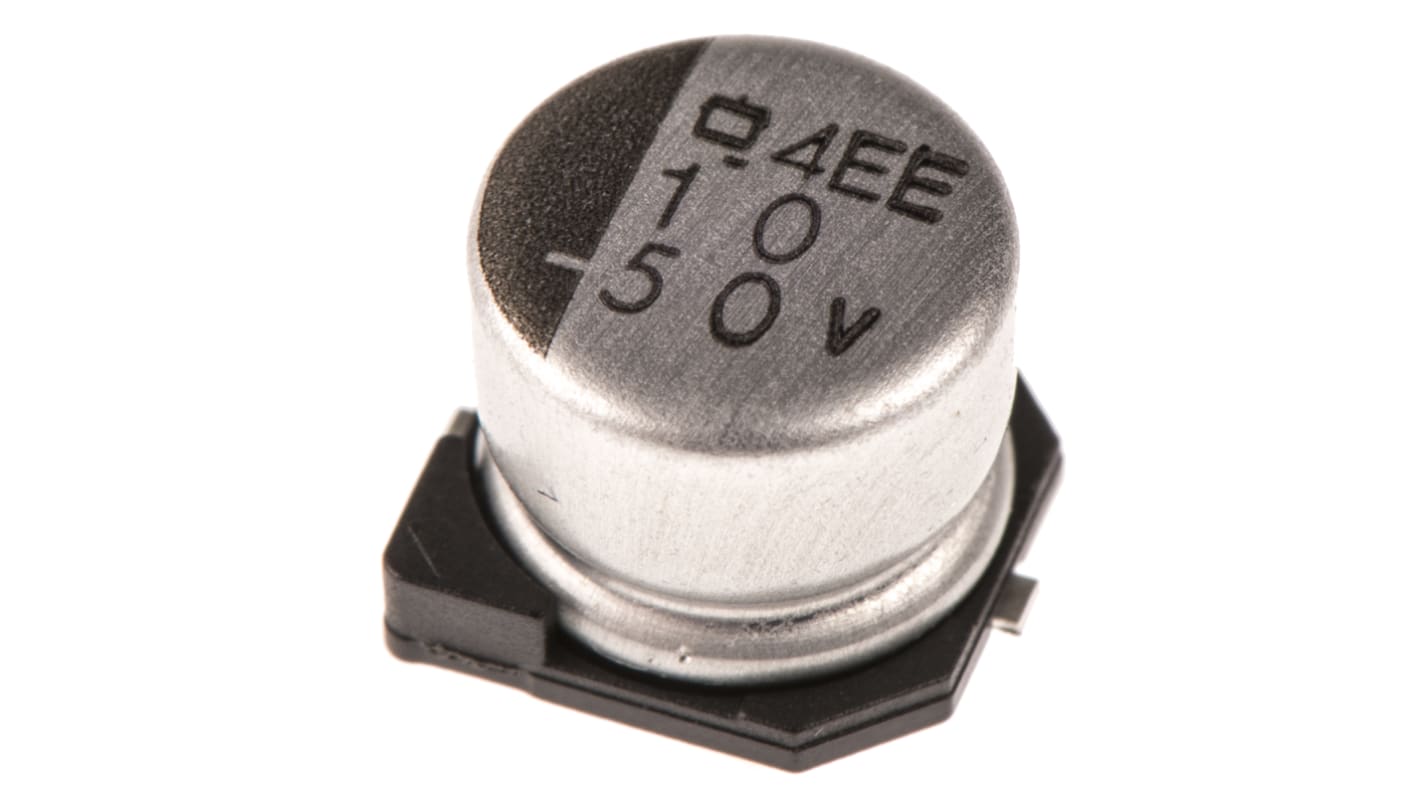 Condensador electrolítico CHEMI-CON serie MVE, 10μF, ±20%, 50V dc, mont. SMD, 6.3 x 5.2mm, paso 1.9mm