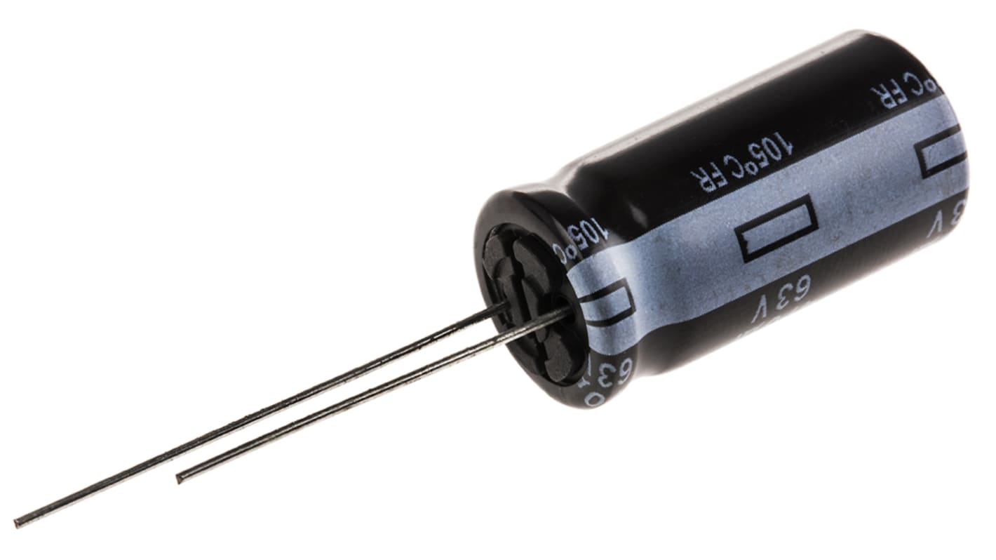 Condensador electrolítico Panasonic serie FR, 470μF, ±20%, 63V dc, Radial, Orificio pasante, 12.5 x 25mm, paso 5mm