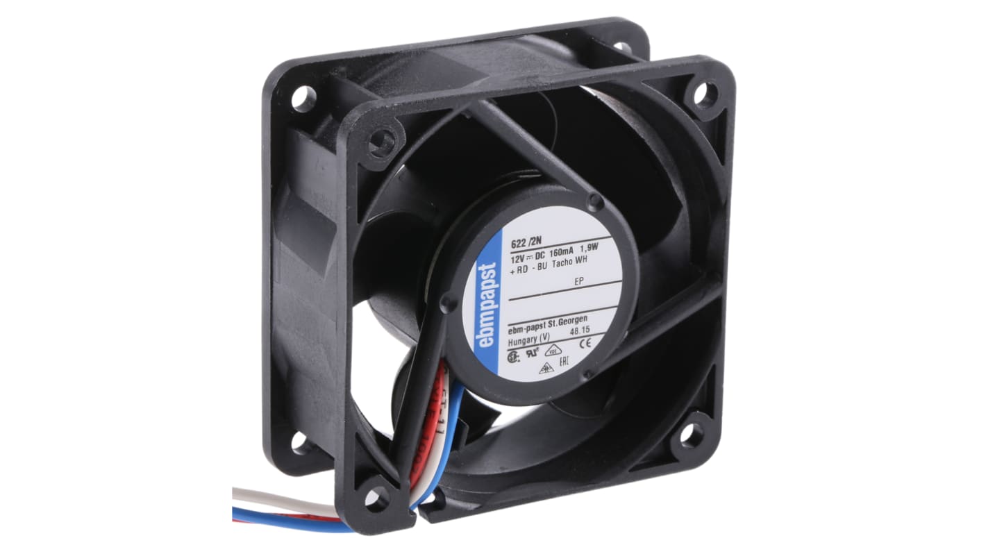 Ventilador Axial ebm-papst 620 de 60 x 60 x 25mm, 12 V dc, 2.1W, 6100rpm, caudal 40m³/h, 35dB