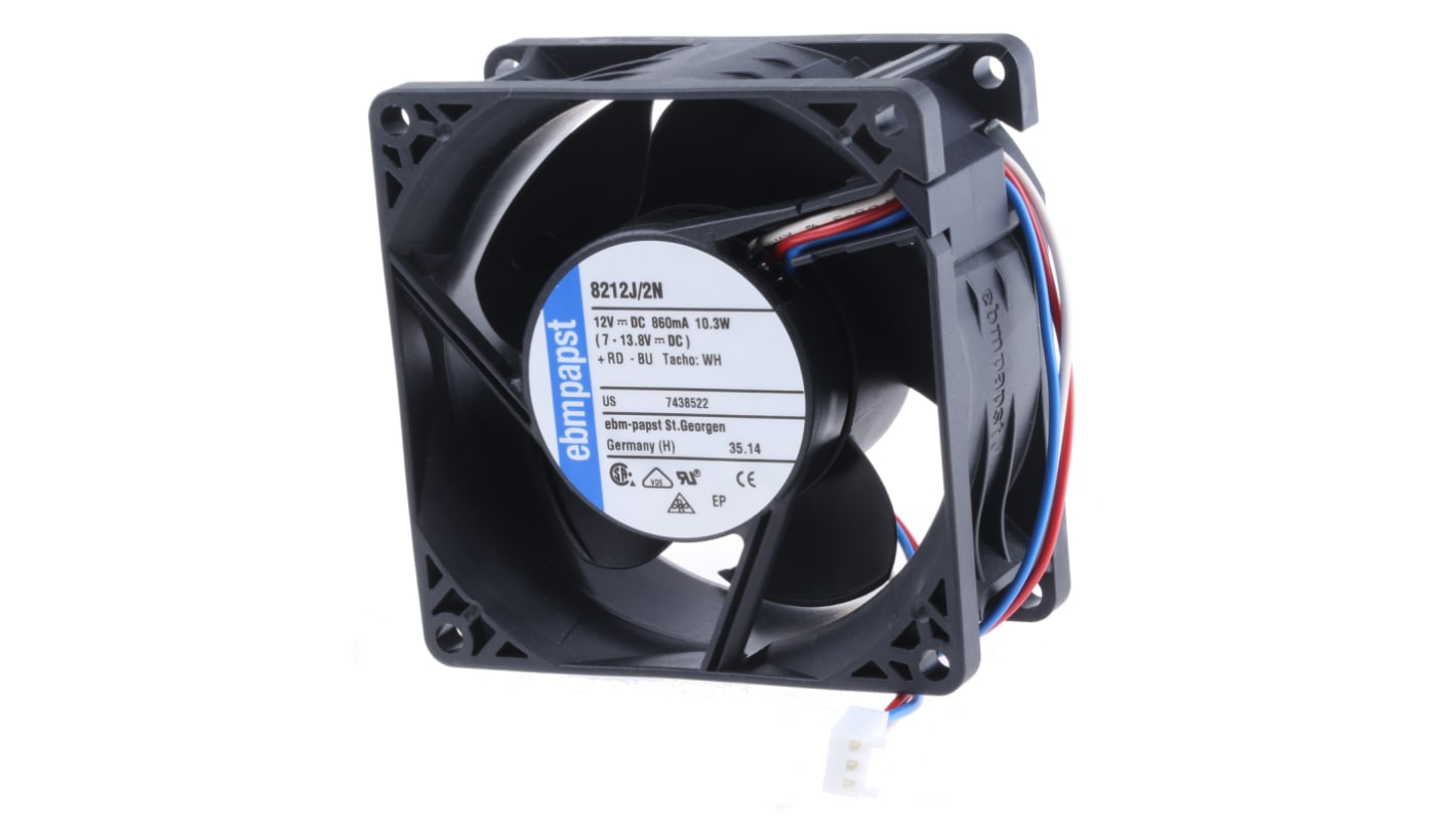 Ventilador Axial ebm-papst 8200 J de 80 x 80 x 38mm, 12 V dc, 10W, 8400rpm, caudal 132m³/h, 55dB, salida Tacómetro