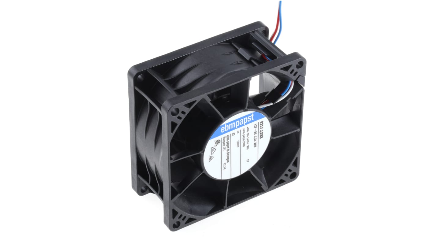 Ventilador Axial ebm-papst 8200 J de 80 x 80 x 38mm, 12 V dc, 26W, 12000rpm, caudal 190m³/h, 66dB, salida Tacómetro