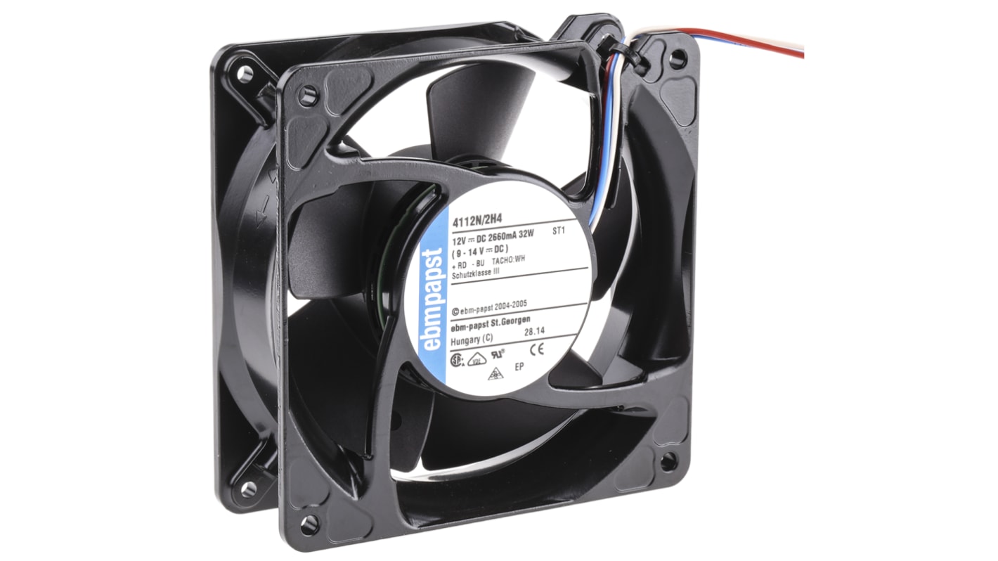 Ventilador Axial ebm-papst 4100 NH4 - S-Force de 119 x 119 x 38mm, 12 V dc, 32W, 6800rpm, caudal 355m³/h, 67dB, salida