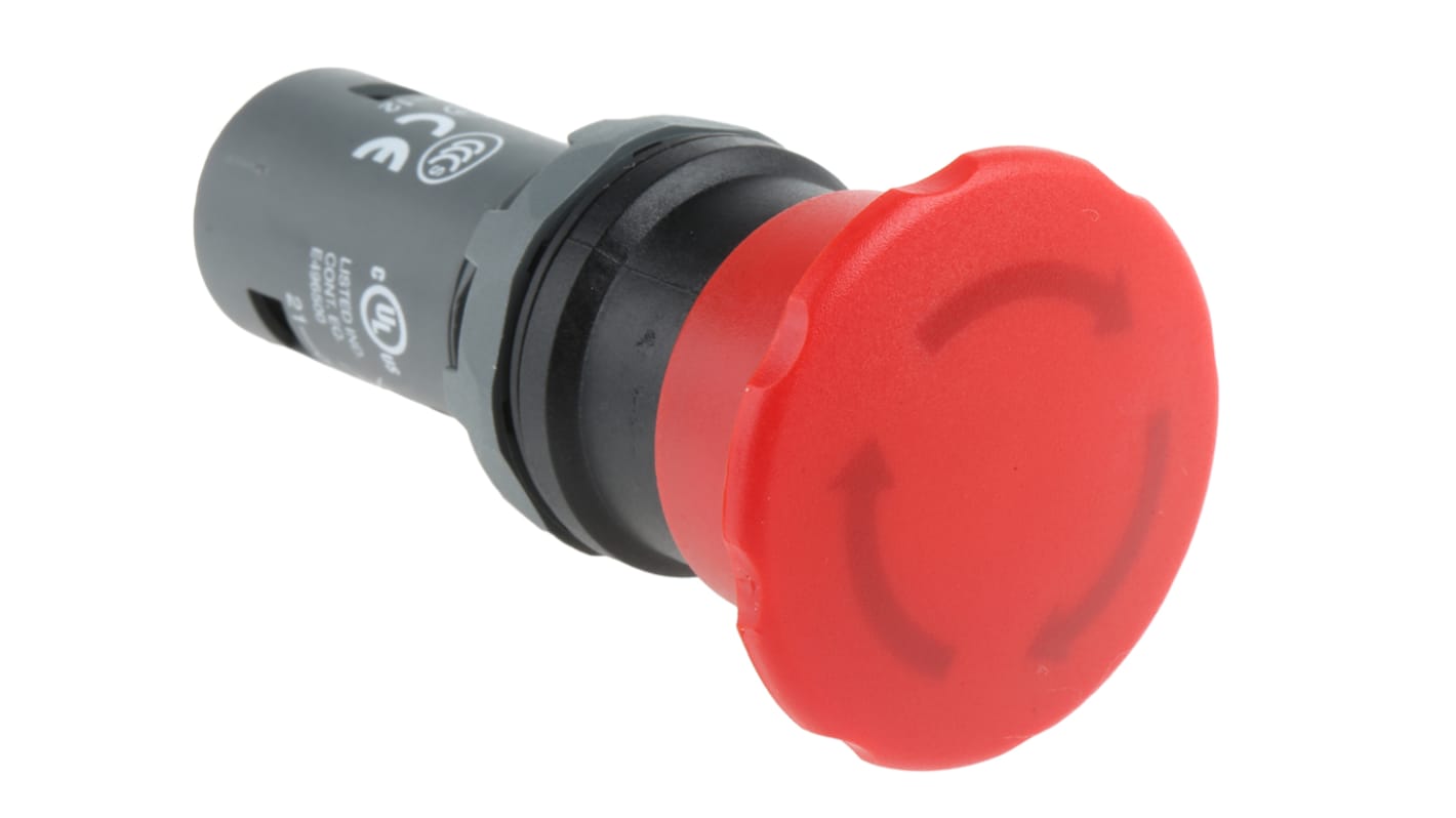 ABB 1SFA Series Twist Release Emergency Stop Push Button, Panel Mount, 22.5mm Cutout, 1NC, IP66, IP67, IP69K