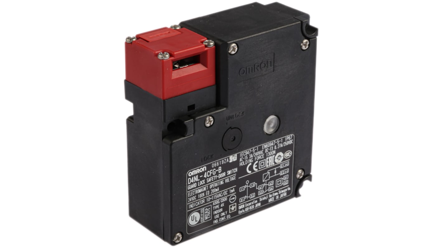 Interruptor de bloqueo por solenoide Omron D4NL, 24V dc, cont. aux. 2NC, Alimentar para bloquear, IP67