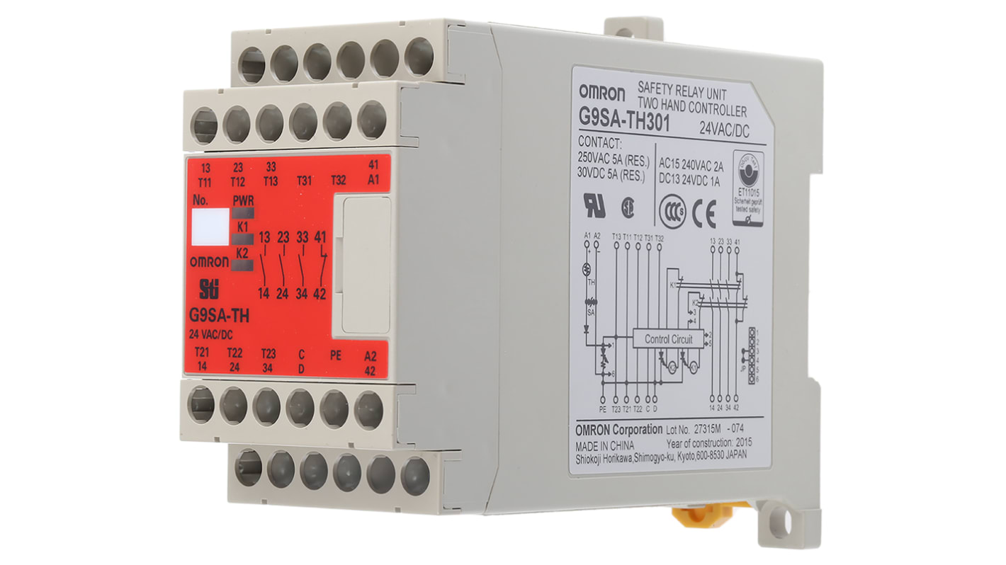 Relé de seguridad Omron G9SA-TH de 2 canales, para Control con dos manos, 24V ac/dc, cat. seg. ISO 13849-1 4