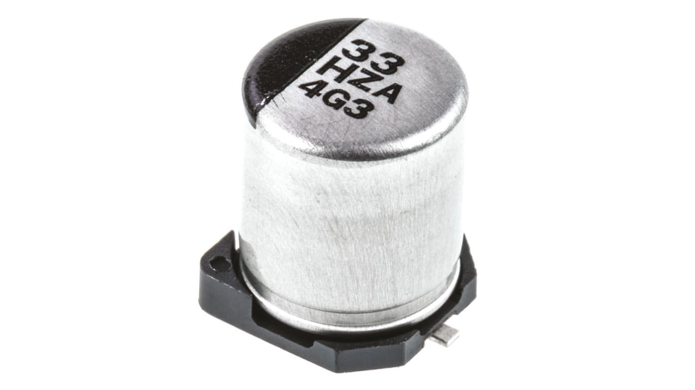 Condensador de polímero Panasonic ZA, 33μF ±20%, 50V dc, Montaje en Superficie, paso 1.8mm, dim. 6.3 (Dia) x 7.7mm