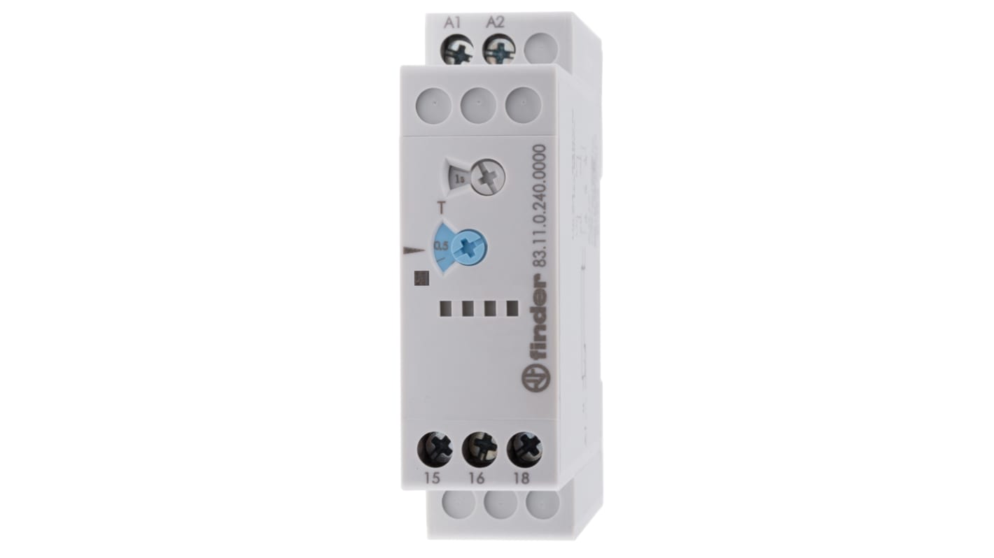 Finder 83 Series Series DIN Rail Mount Timer Relay, 24 → 240V ac/dc, 1-Contact, 0.05-10 min, 0.05-10 d, 0.05-10