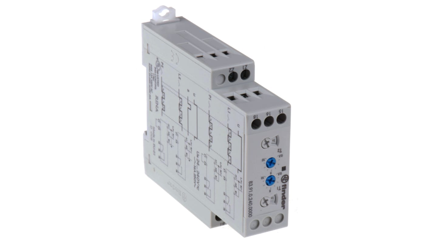 Finder 83 Series Series DIN Rail Mount Timer Relay, 24 → 240V ac/dc, 1-Contact, 0.05-10 h, 0.05-10 min, 0.05-10