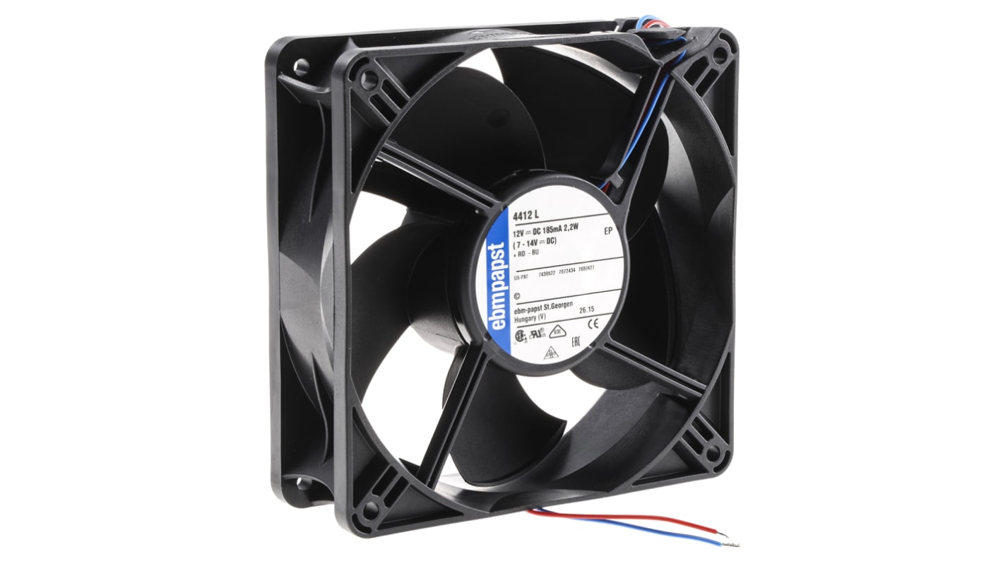 Ventilador Axial ebm-papst 4400 de 119 x 119 x 38mm, 12 V dc, 2.2W, 2700rpm, caudal 150m³/h, 37dB