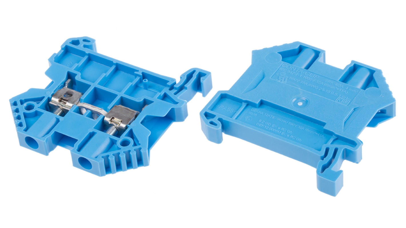 RS PRO Blue DIN Rail Terminal Block, 4mm², Double-Level, Screw Termination