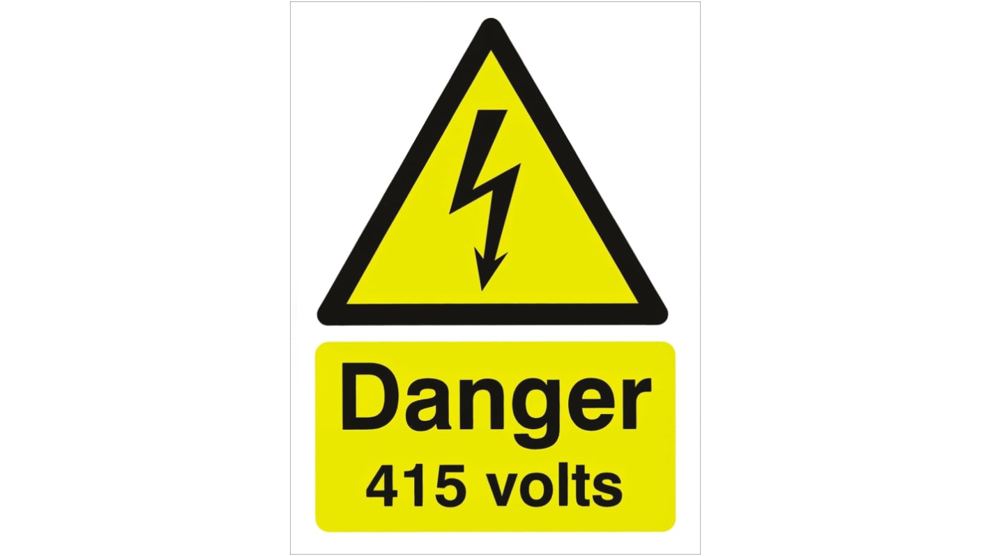 PP merev műanyag, Fekete,/sárga "Danger 415 Volts, Angol Elektromos Tábla
